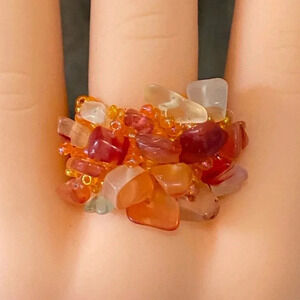 Orange Quartz Stone Handmade Seed Bead and Stone Chips Stretch Ring